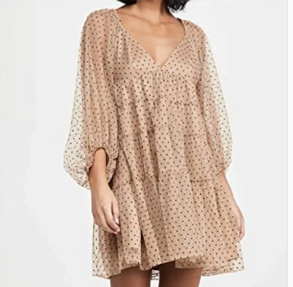 Storia Polka Dot Ruffle Mini Dress Tan Black Sheer Boho NWT Womens S